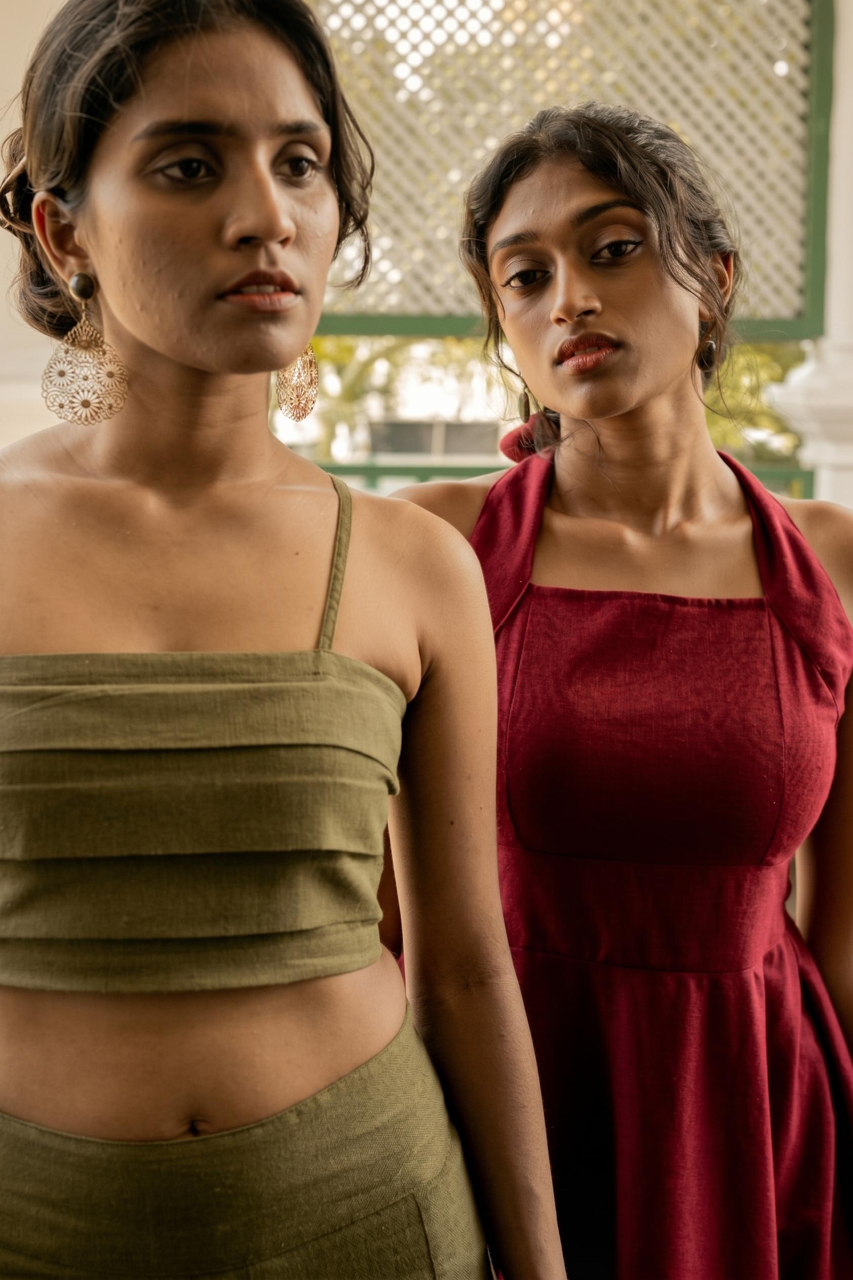 Olive and crimson linen looks